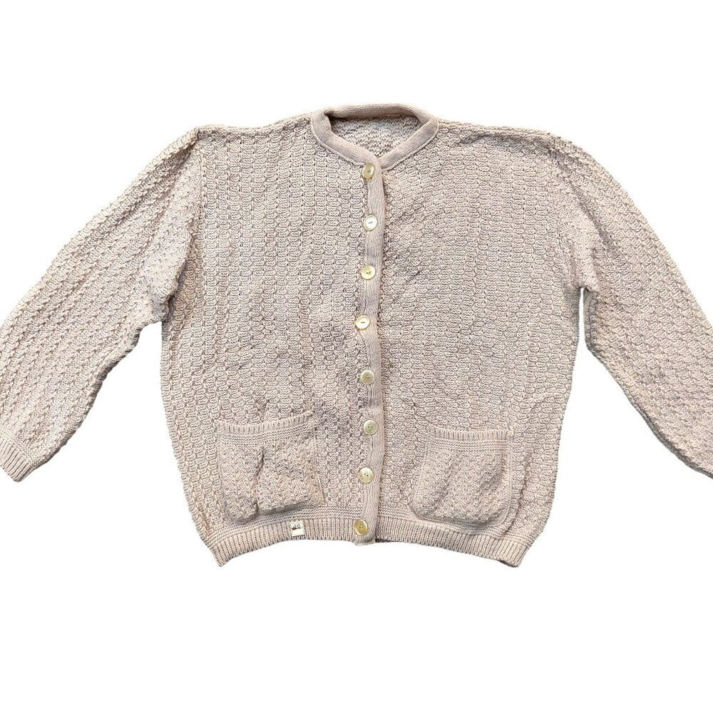 Vintage 1940s-1950s Beige/Light Brown 3/4 Sleeve Cardigan Front Pockets Sweater